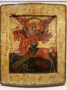 10974 Икона писаная Архангел Михаил на коне, под 17 век, на старой доске,29х36 (030)
