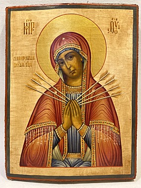 11075 Икона писаная БМ Семистрельная. Цветной фон. 22х17(030)