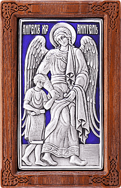 Икона металлогальваника Ангел Хранитель с душой человека 10*14, эмаль (071), 5057/12.3