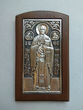 Икона Николай Чудотворец свт., металогальваника, на подставке, серебрение, бук, 9*15 (814), 7152