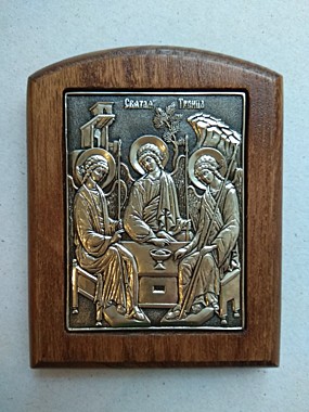 Икона Святая Троица, металогальваника, на подставке, серебрение, бук, 11*14 (814), 7151